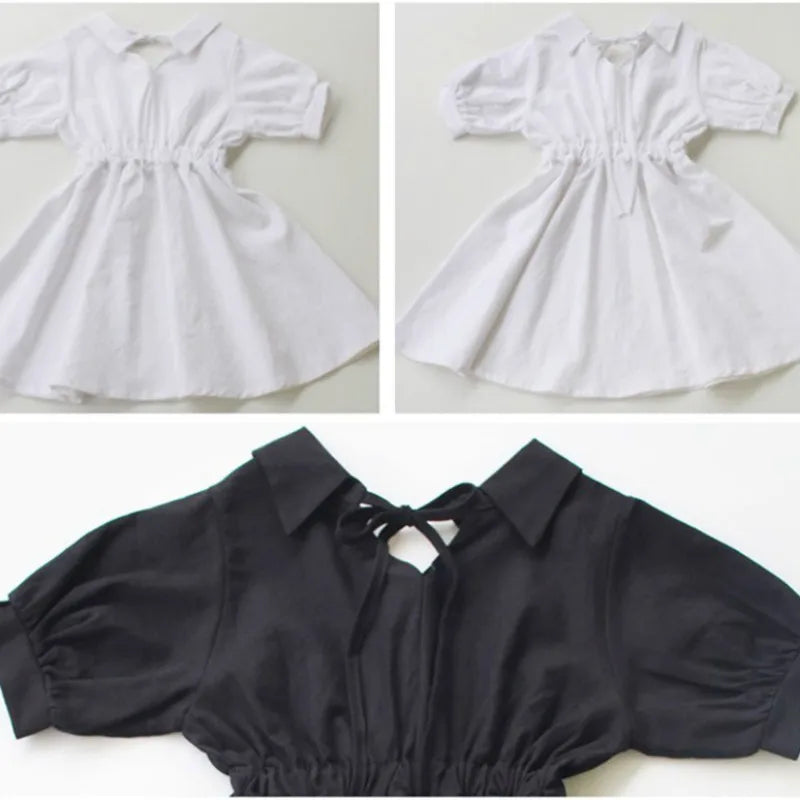 2 To 16 Years 2024 New Summer Baby Leisure Dress V-neck Half-sleeve Kids Shirt Dress Girls Dress Children Midi Dress Cute