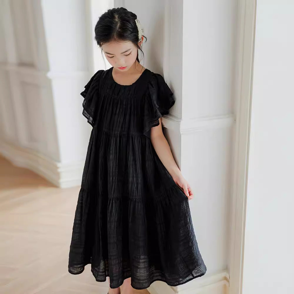 Girls Princess Dress 2024 Summer Ruffled Mid-Length Vacation Style Cake Dress