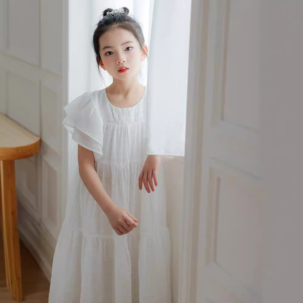 Girls Princess Dress 2024 Summer Ruffled Mid-Length Vacation Style Cake Dress