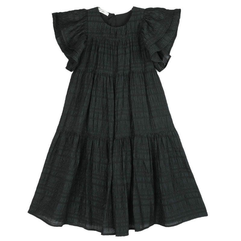 Girls Princess Dress 2024 Summer Ruffled Mid-Length Vacation Style Cake Dress