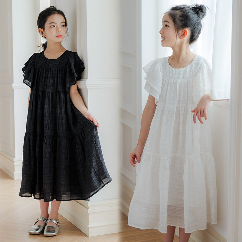 Girls Princess Dress 2024 Summer Ruffled Mid-Length Vacation Style Cake Dress