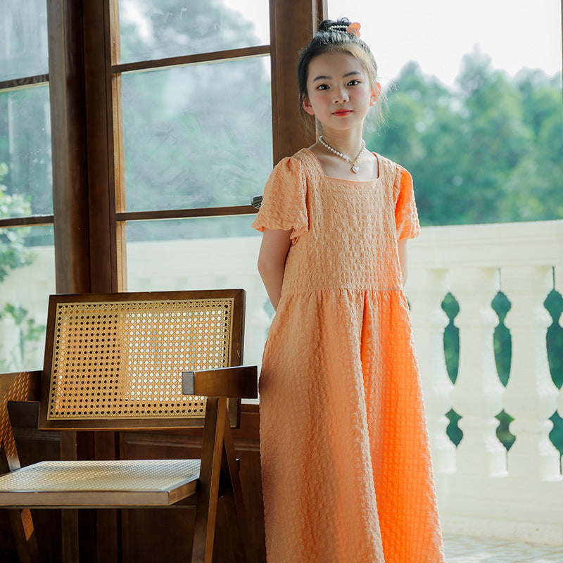Girls Dress Summer 2024 New Children Bubble Sleeve Dress Square Collar Big Swing Mid-Length A- Line Clothing