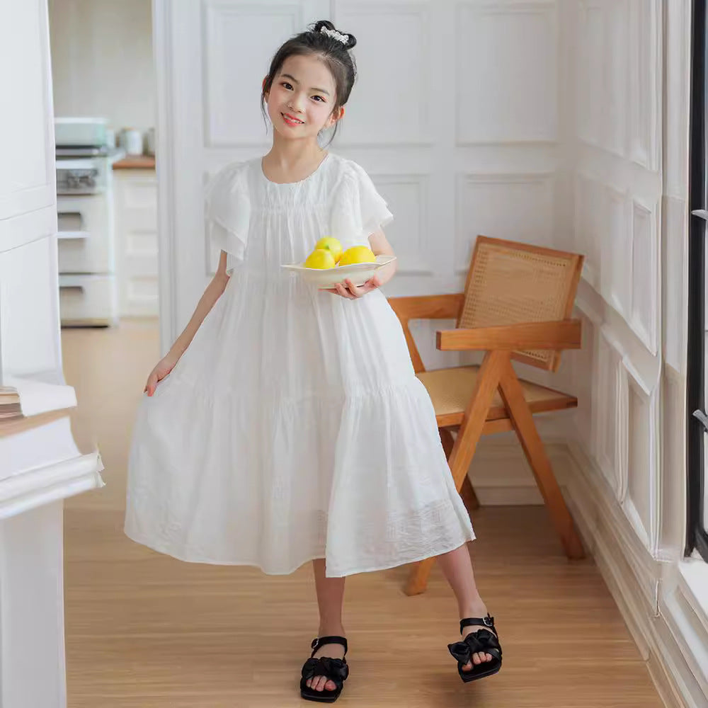 Girls Princess Dress 2024 Summer Ruffled Mid-Length Vacation Style Cake Dress
