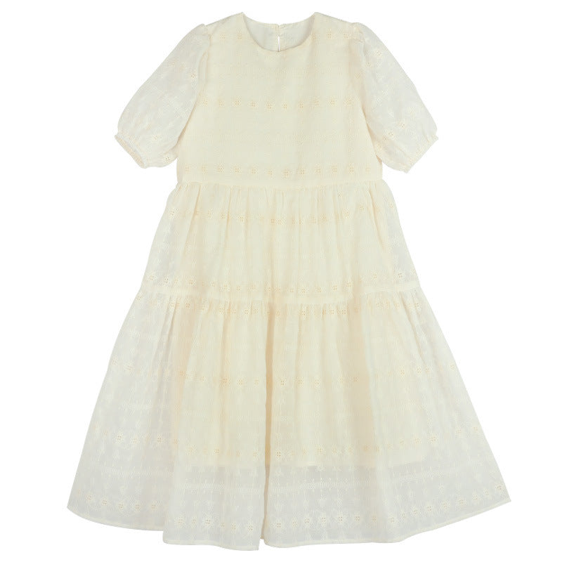 2024 New Girls Dress Summer Embroidered Hollow Puff Sleeve Cake Dress