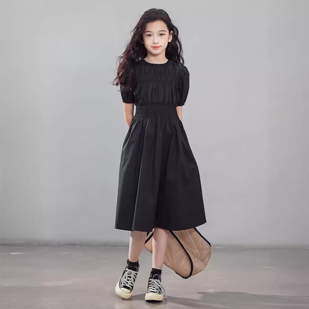 2024 Girls Short Sleeve Dress Summer New Medium and Large Children Slim A- Line Dresses