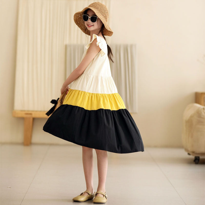 2024 Summer Girls Dress Patchwork Children and Teens Casual Clothing Kids Sleeveless Dresses
