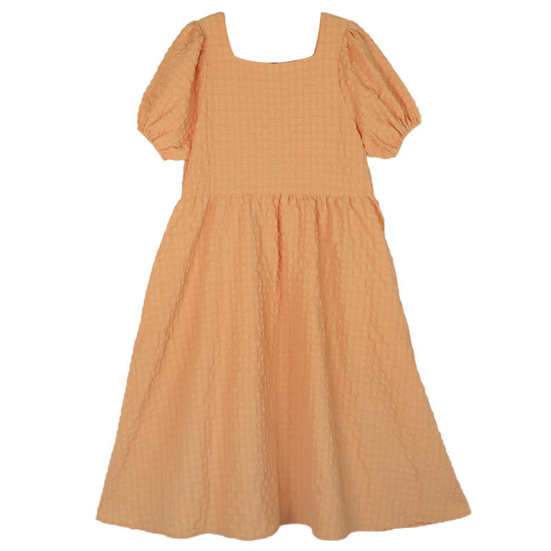 Girls Dress Summer 2024 New Children Bubble Sleeve Dress Square Collar Big Swing Mid-Length A- Line Clothing