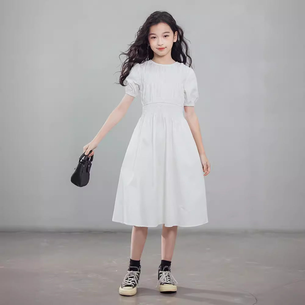 2024 Girls Short Sleeve Dress Summer New Medium and Large Children Slim A- Line Dresses