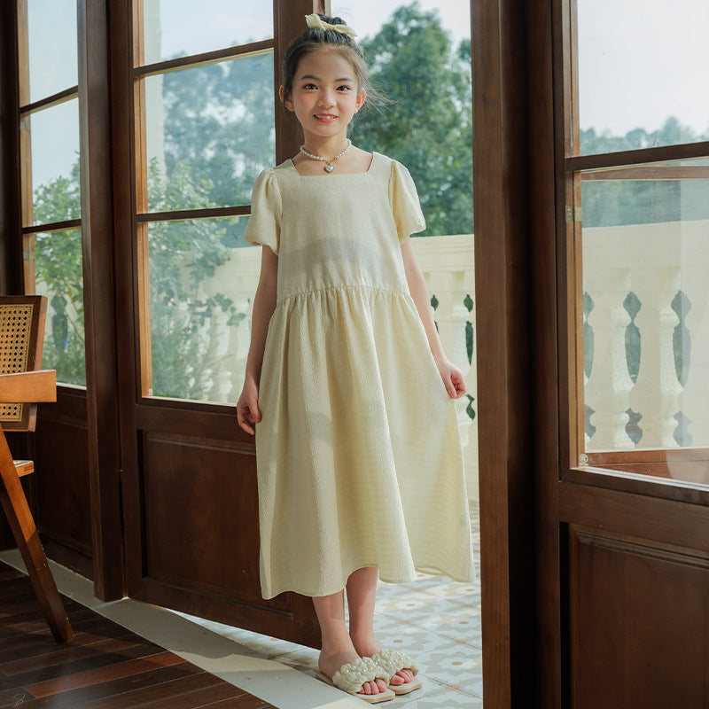 Girls Dress Summer 2024 New Children Bubble Sleeve Dress Square Collar Big Swing Mid-Length A- Line Clothing
