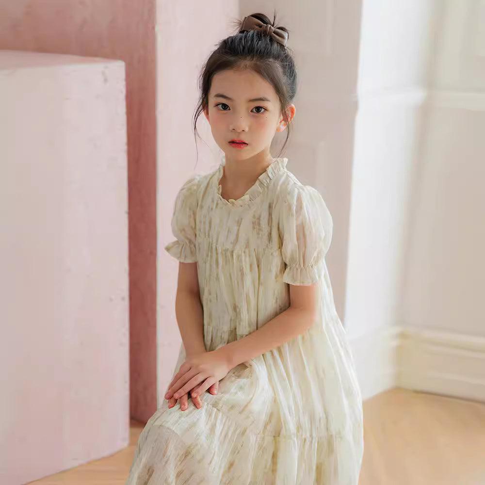 Girls Dress Summer 2024 New Medium and Big Children Princess Dresses Printed Puff Sleeve Clothes