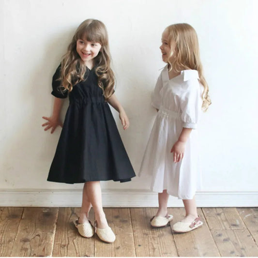 2 To 16 Years 2024 New Summer Baby Leisure Dress V-neck Half-sleeve Kids Shirt Dress Girls Dress Children Midi Dress Cute