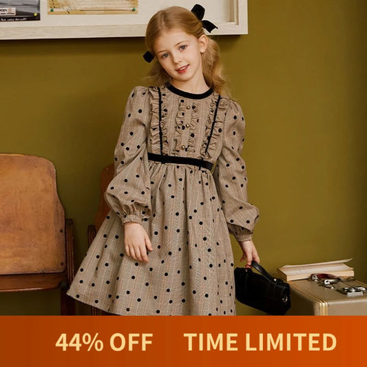 Fall Plaid Teen Girls Stereoscopic Velvet Dot Dress Bow Baby Kid Retro Princess Dress Children Elegant Clothes Plaid