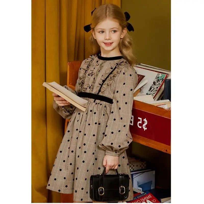 Fall Plaid Teen Girls Stereoscopic Velvet Dot Dress Bow Baby Kid Retro Princess Dress Children Elegant Clothes Plaid