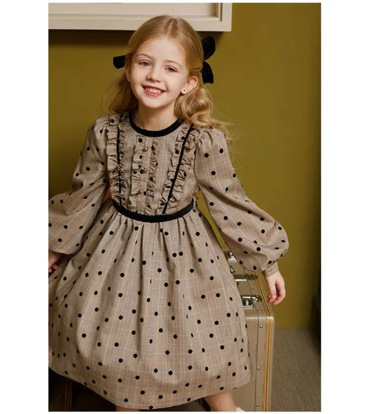 Fall Plaid Teen Girls Stereoscopic Velvet Dot Dress Bow Baby Kid Retro Princess Dress Children Elegant Clothes Plaid