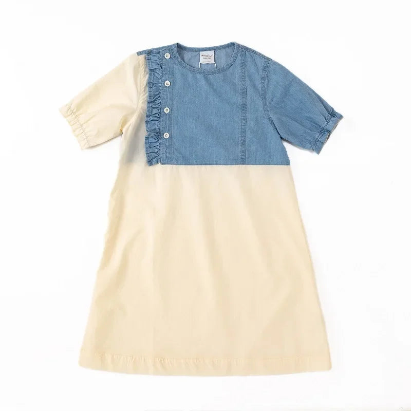 New Girls Denim Dress Patchwork Teen Kids Midi Dress 100% Cotton