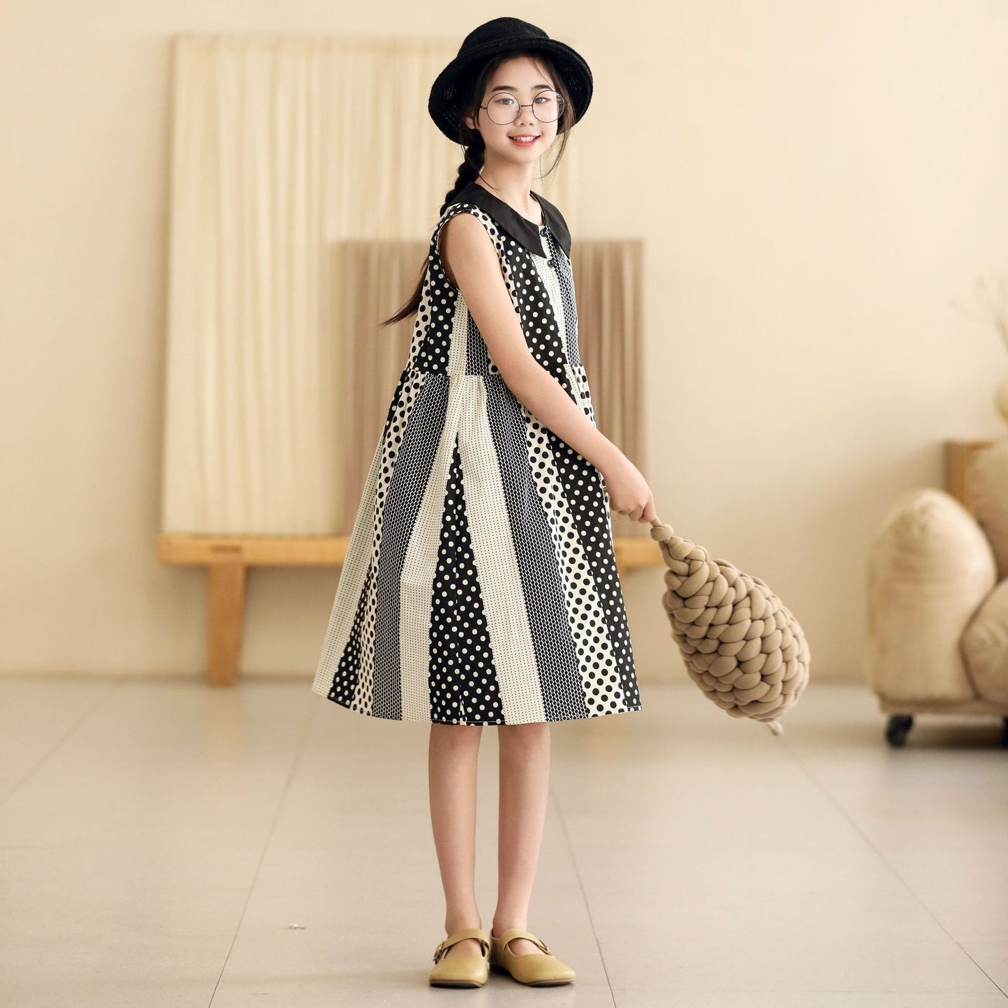 New Summer 2024 Girls Sleeveless One-Piece Dress Children Patchwork Clothing Cute Dot Kids Dresses