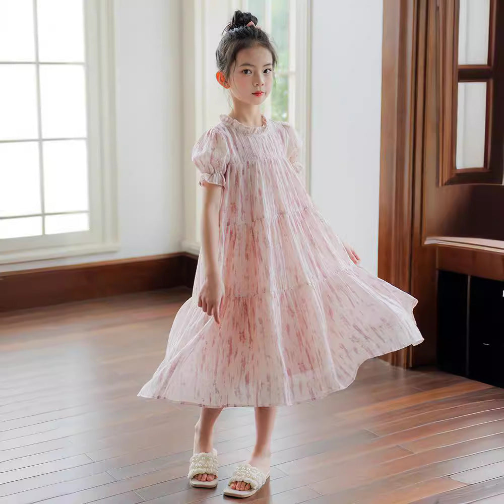 Girls Dress Summer 2024 New Medium and Big Children Princess Dresses Printed Puff Sleeve Clothes