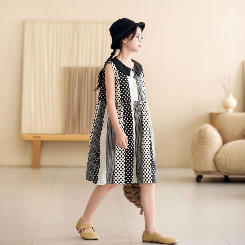 New Summer 2024 Girls Sleeveless One-Piece Dress Children Patchwork Clothing Cute Dot Kids Dresses