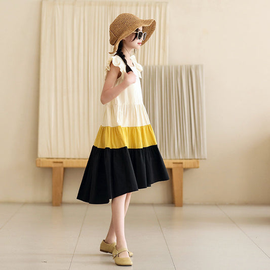 2024 Summer Girls  Dress Patchwork Children and Teens Casual Clothing Kids Sleeveless Dresses