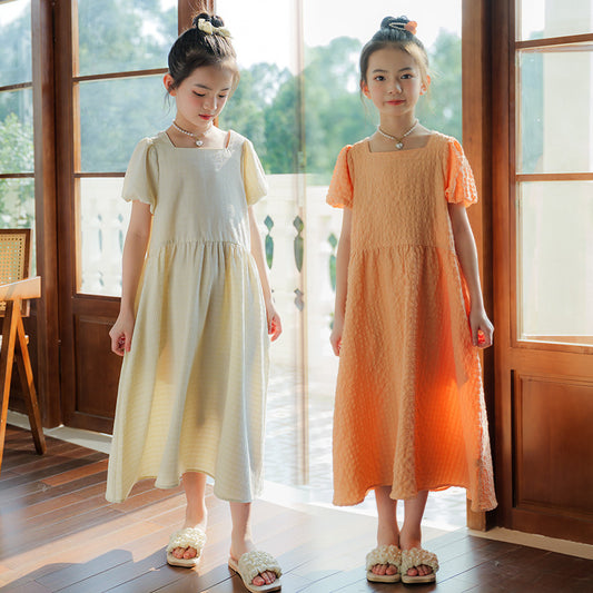 Girls Dress Summer 2024 New Children Bubble Sleeve Dress Square Collar Big Swing Mid-Length A- Line Clothing